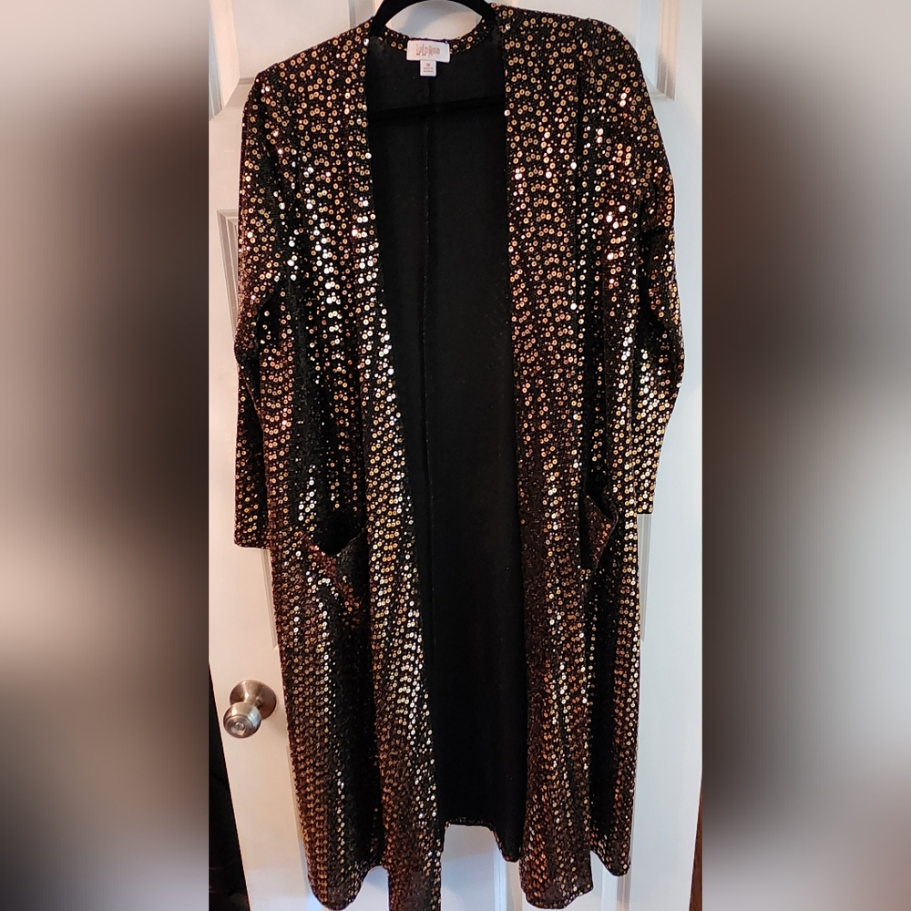 LuLaRoe Black and Gold Sequin Long Sarah Cardigan, Medium Duster